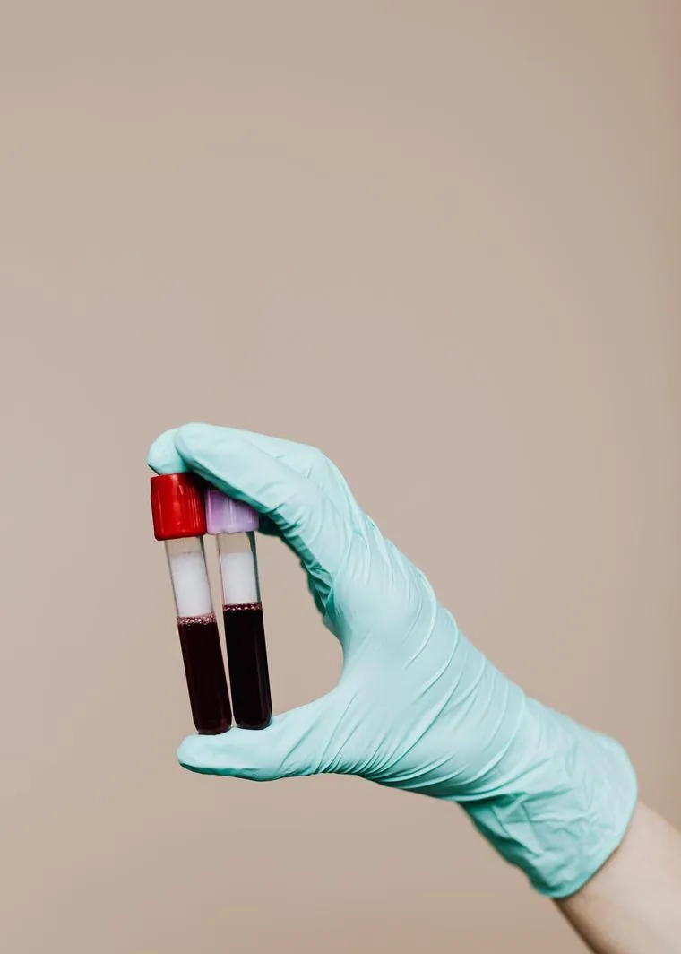 A gloved hand holding two blood collection tubes